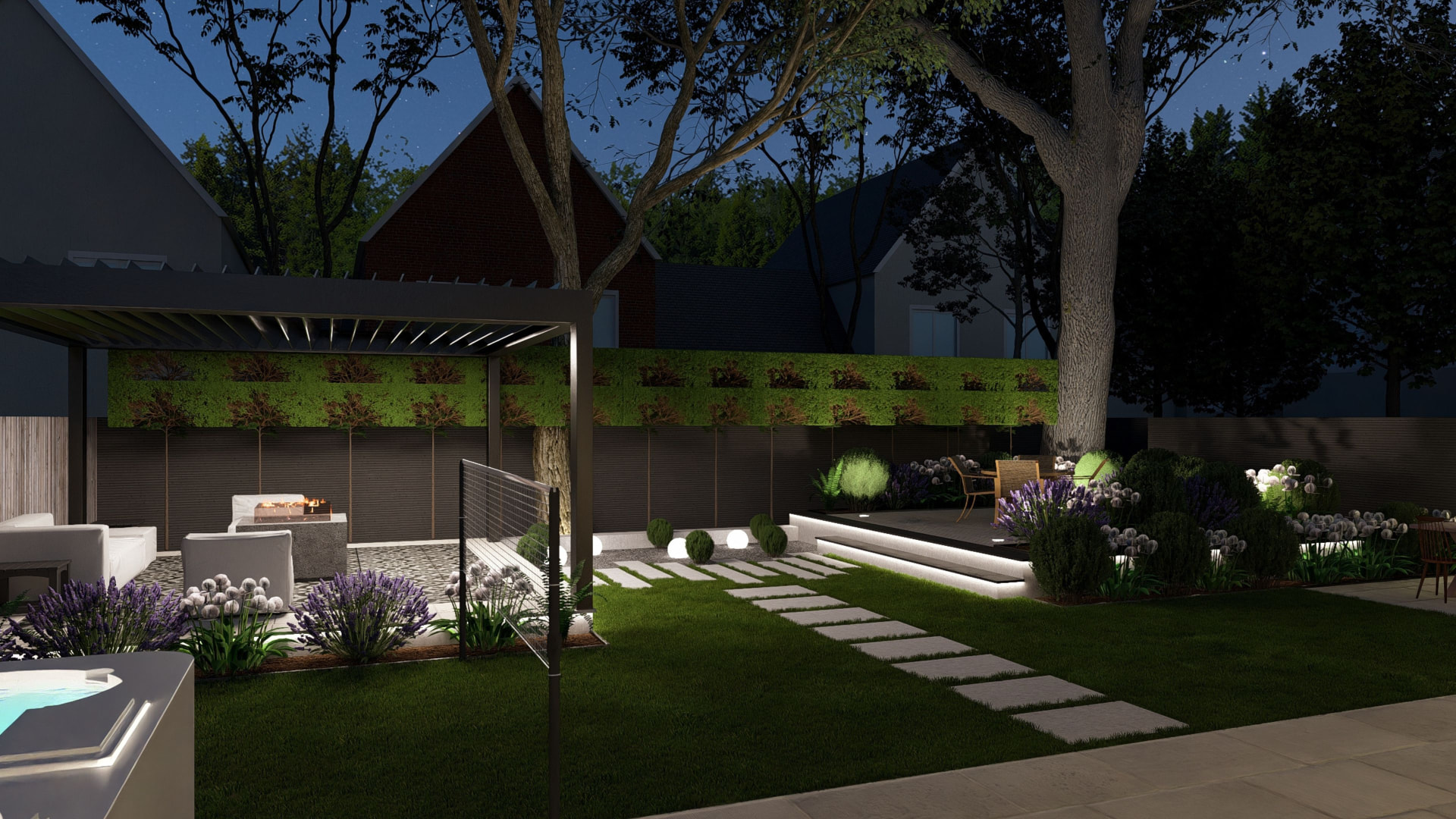 Night-time garden design with lit stepping stones, glowing globe lights and illuminated deck beside a lawn