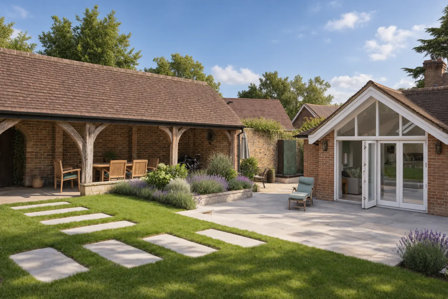 3D design render of a country courtyard garden with an oak-framed dining pavilion, brick garden room with folding glass doors, stepping stones laid across the lawn and lavender planting
