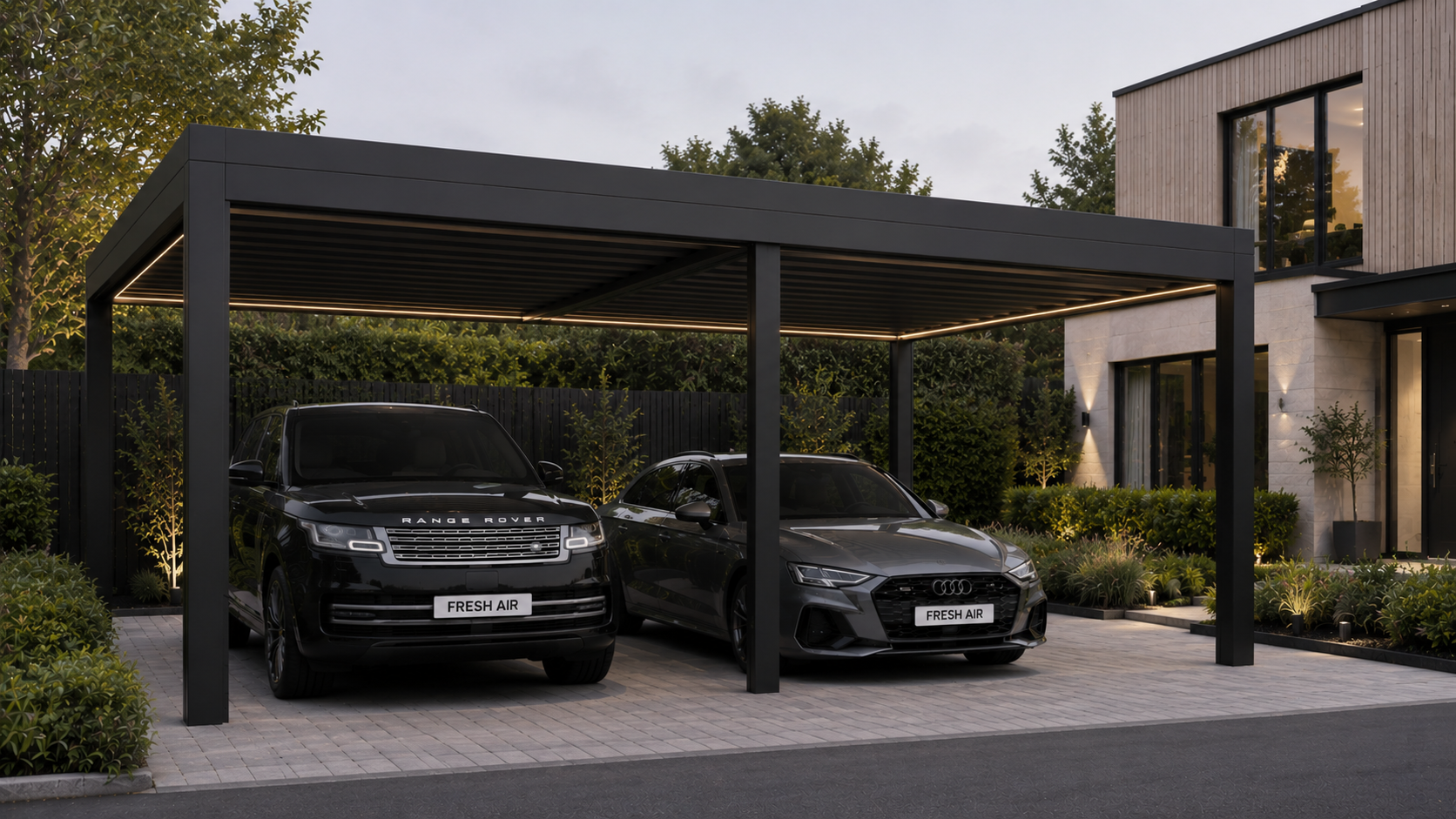 Luxury aluminium car port with integrated LED lighting sheltering two vehicles beside a modern home