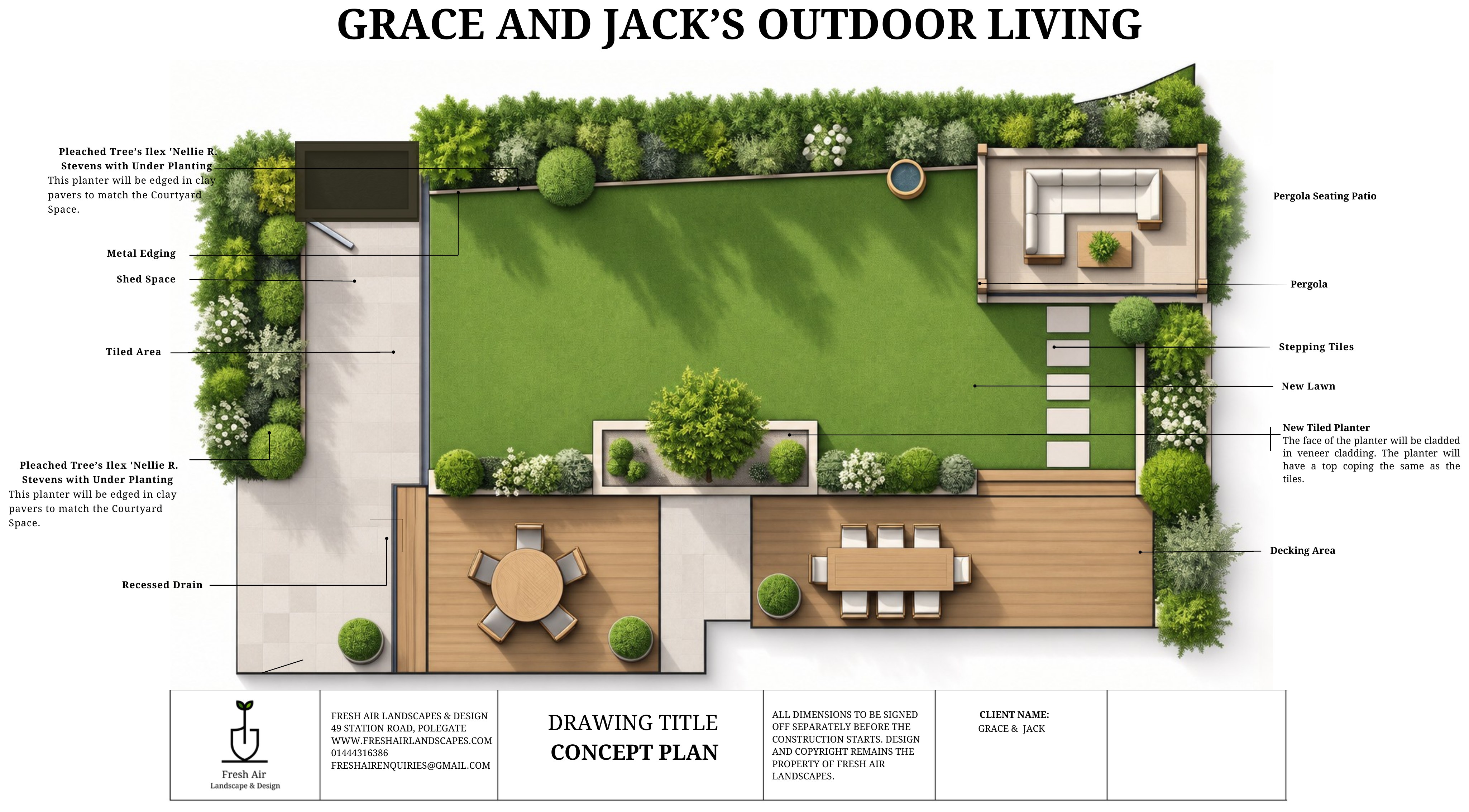 Fresh Air Landscapes 2D concept plan drawing of a garden showing a pergola seating patio, tiled terrace, new lawn with stepping tiles, a decking area, a tiled planter, shed space and planted borders edged in clay pavers
