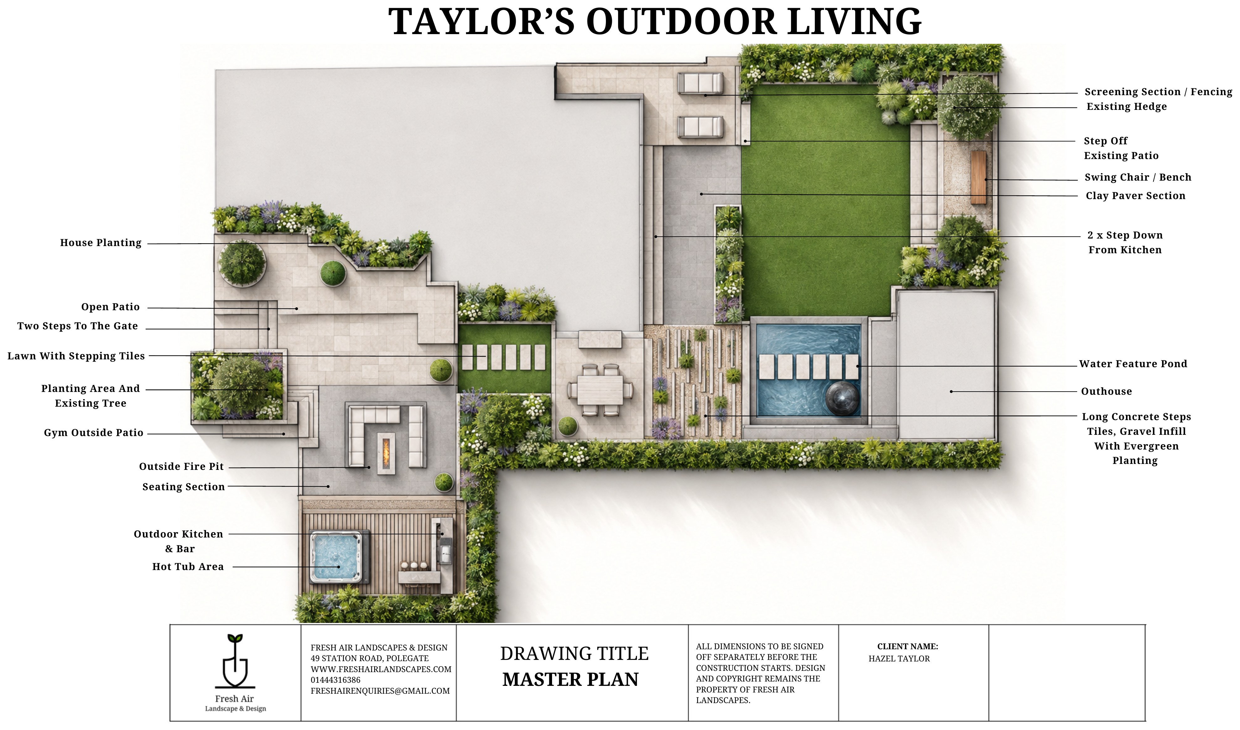 Fresh Air Landscapes 2D master plan drawing of a garden showing an open patio with fire pit seating, a timber deck with hot tub and outdoor kitchen and bar, lawn with stepping tiles, a water feature pond, outhouse and planted borders