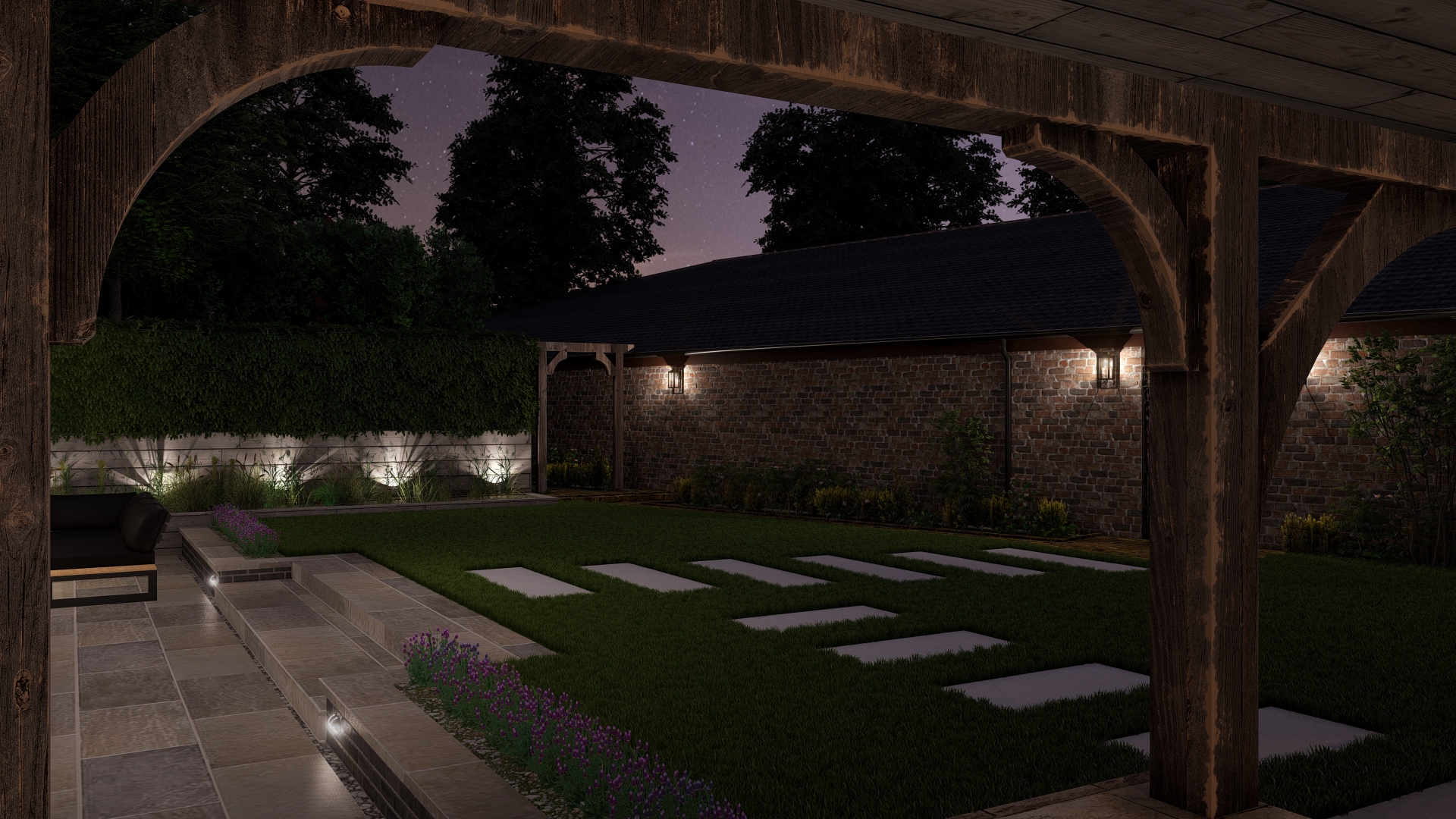 Night-time garden lighting design with an oak pergola, illuminated steps, uplit ornamental grasses and brick wall lanterns