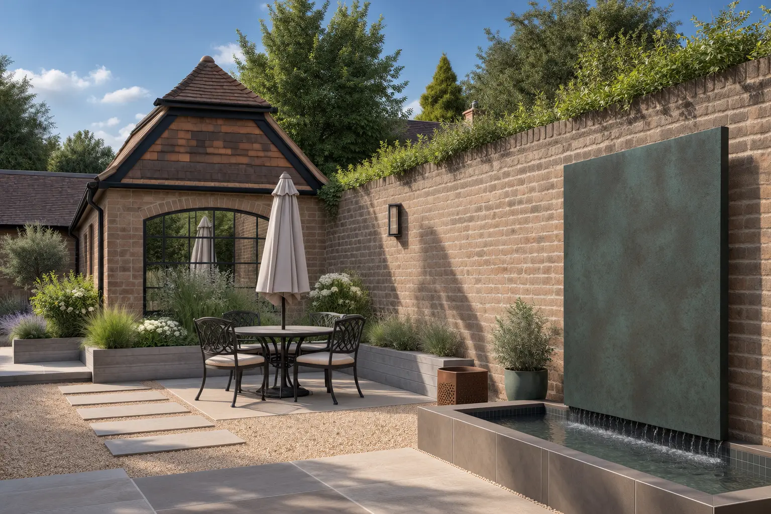 3D design render of a sunlit brick courtyard garden with a green water-feature wall, raised pool, dining table with parasol, brick garden room with arched window and stepping stones across the gravel