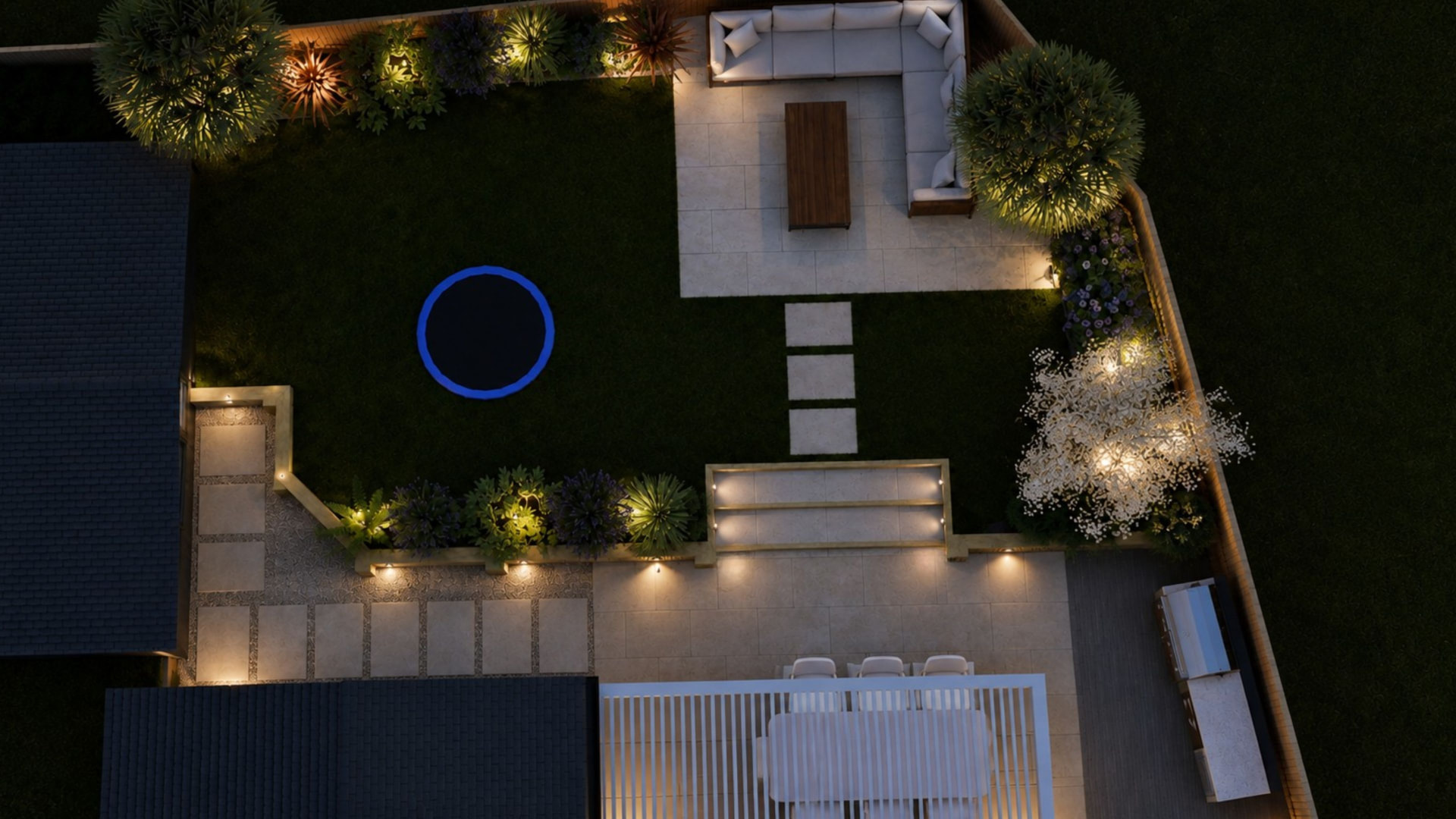 Aerial night-time garden lighting plan showing illuminated patios, steps, planting, pathways and seating areas