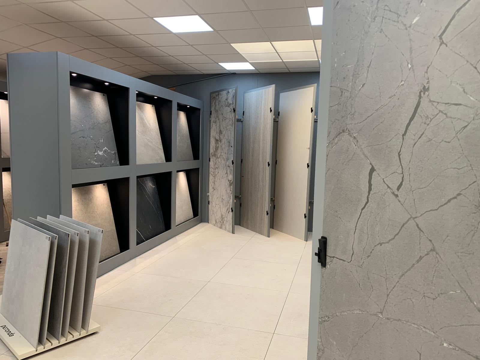 Fresh Air Landscapes showroom with tile and material displays
