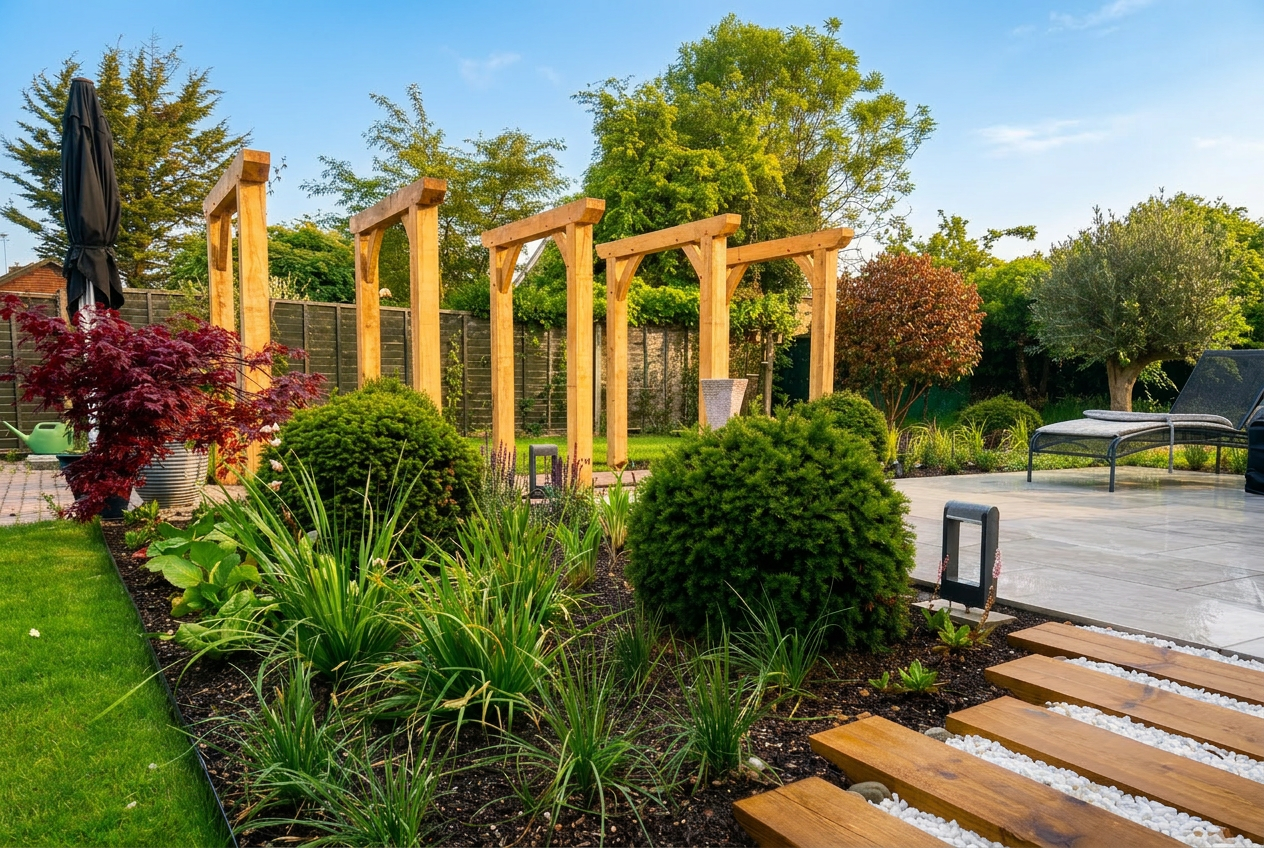 A completed Fresh Air Landscapes garden showing precision planting and stone detail