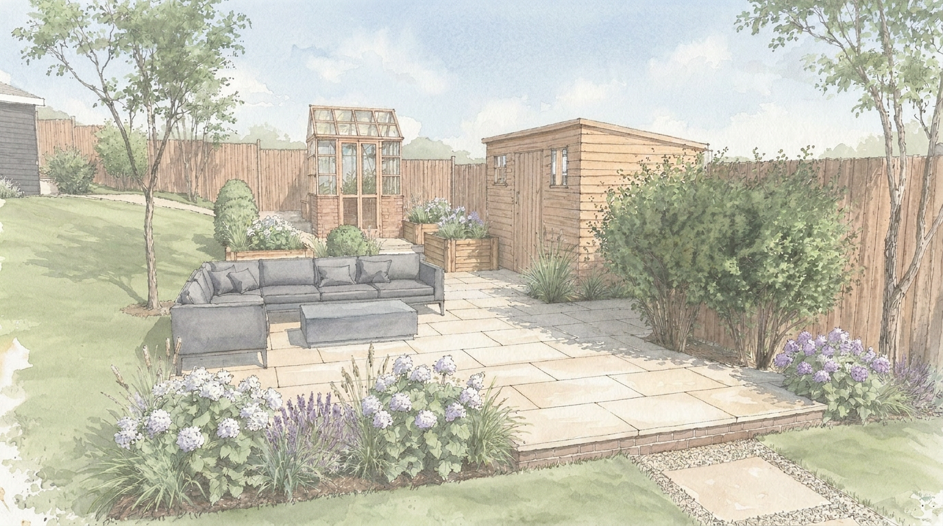 Watercolour sketch of a luxury garden with patio, sofa, greenhouse and garden room