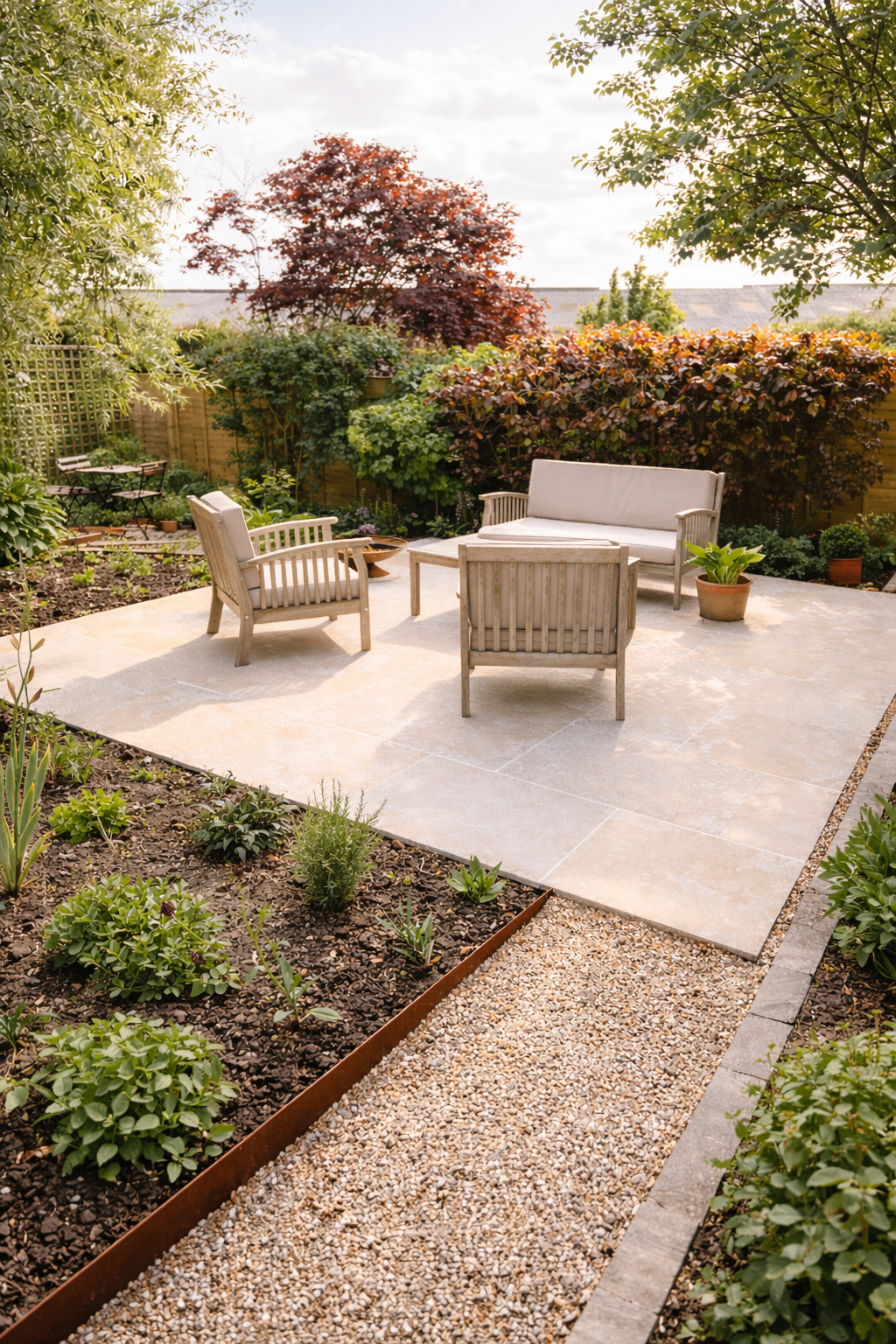 Sunny garden patio retreat with stone paving and timber seating