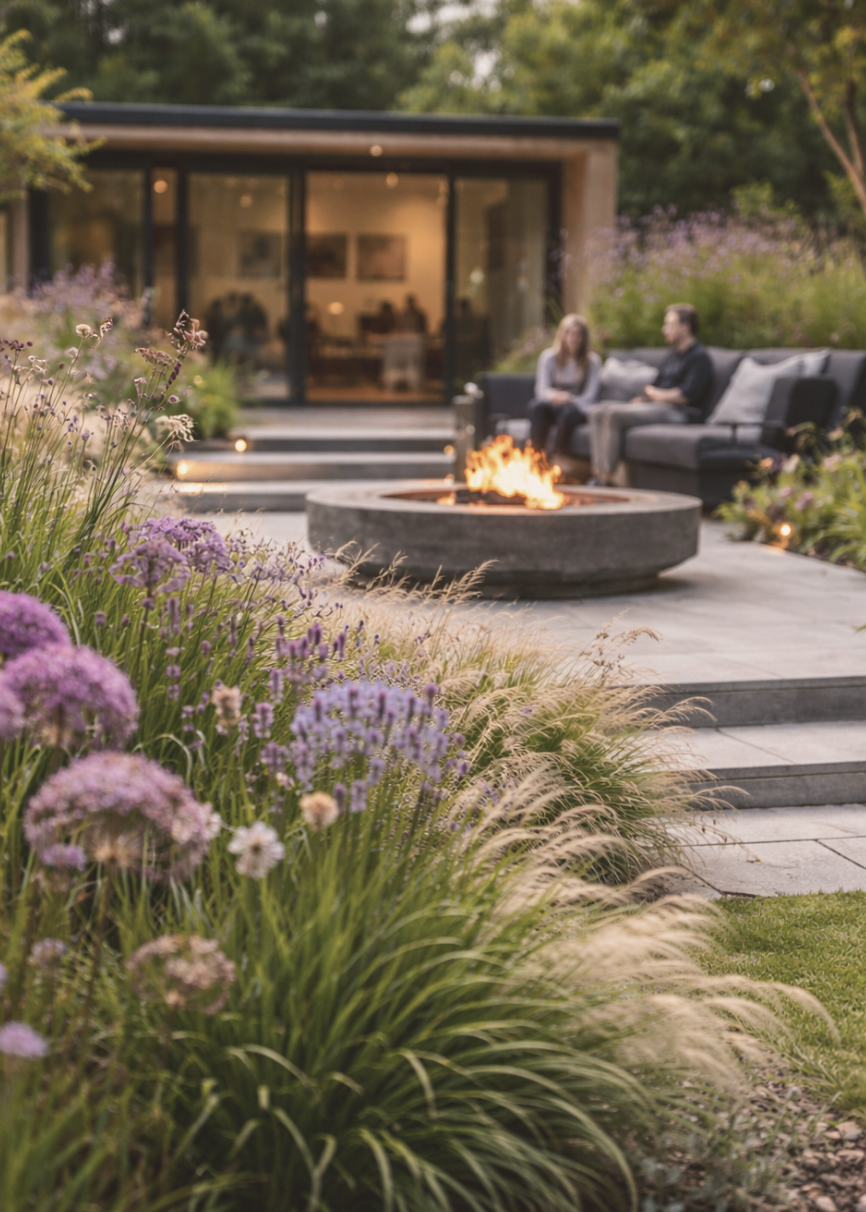Garden room lit at dusk beside a firepit terrace