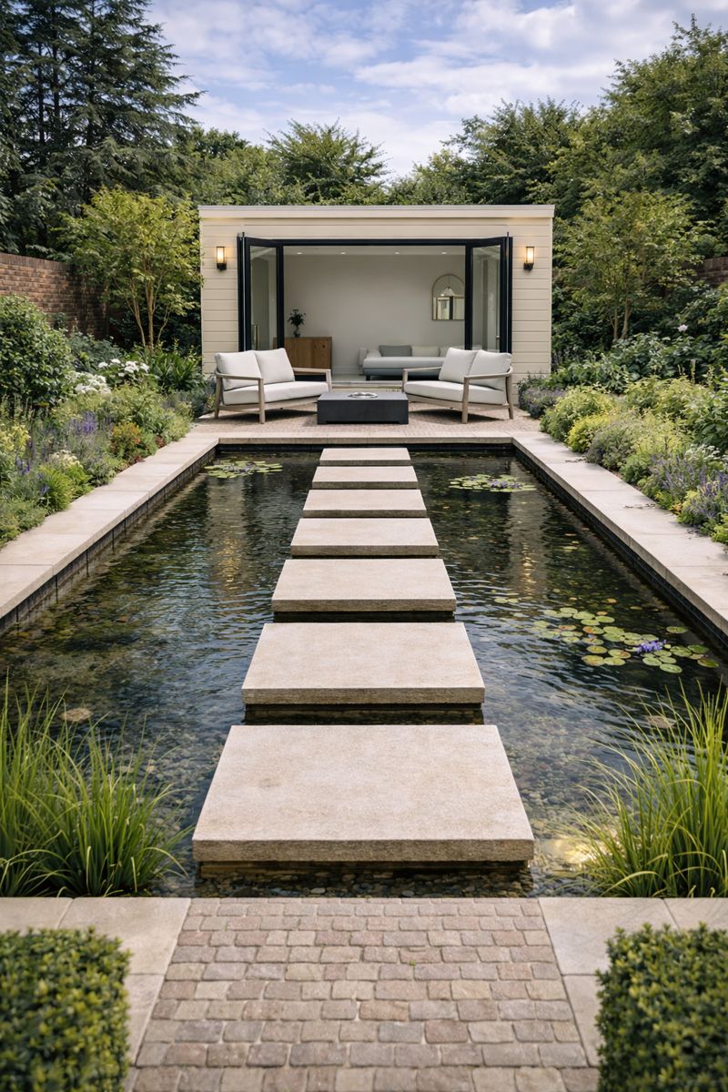 Bespoke garden room with reflection pond and stepping stones