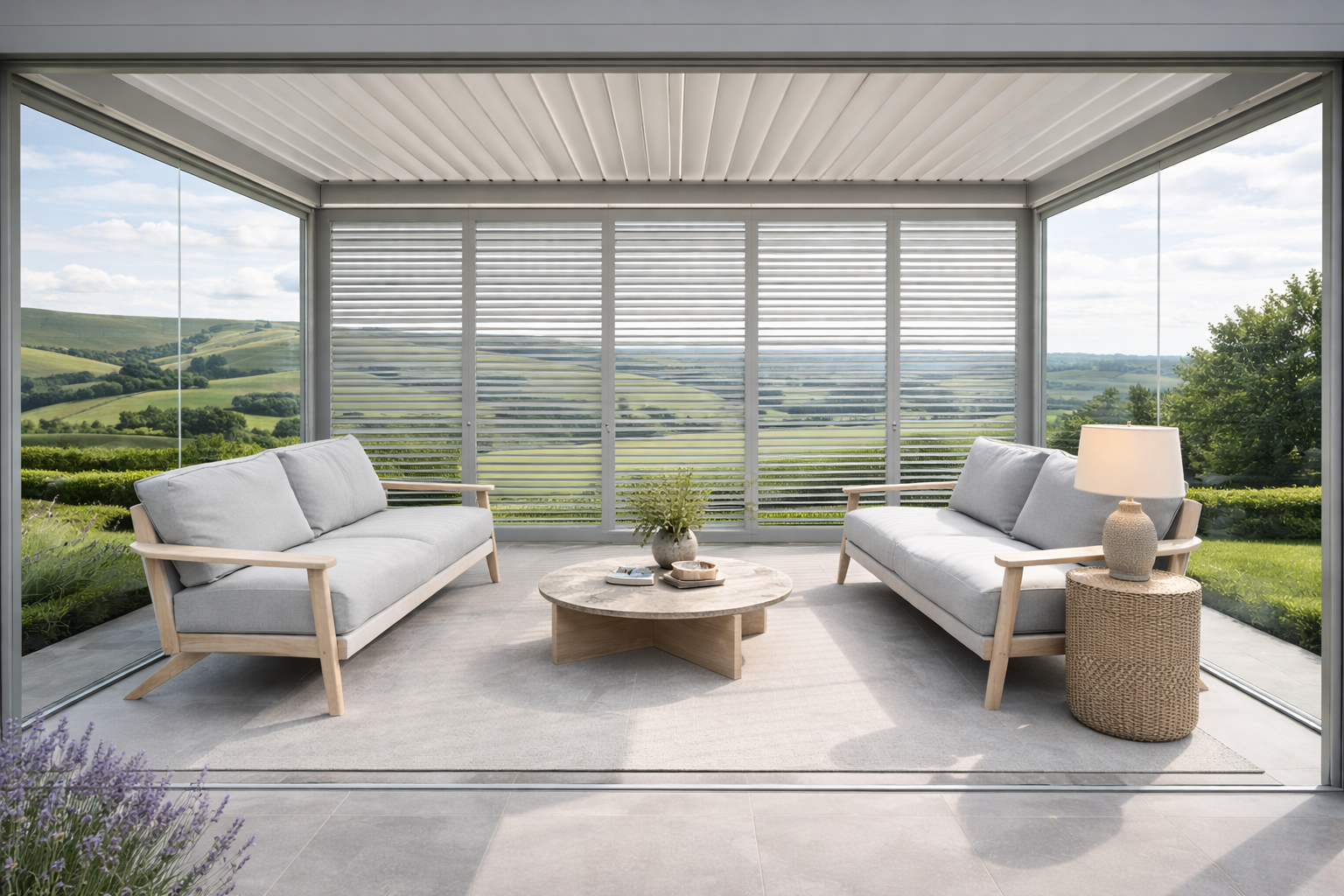 Modern luxury pergola overlooking the Sussex countryside