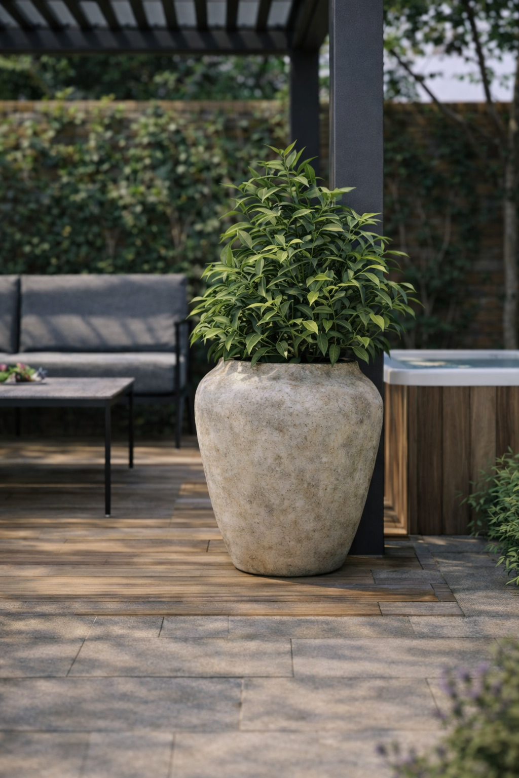 Pergola with integrated planters and layered planting
