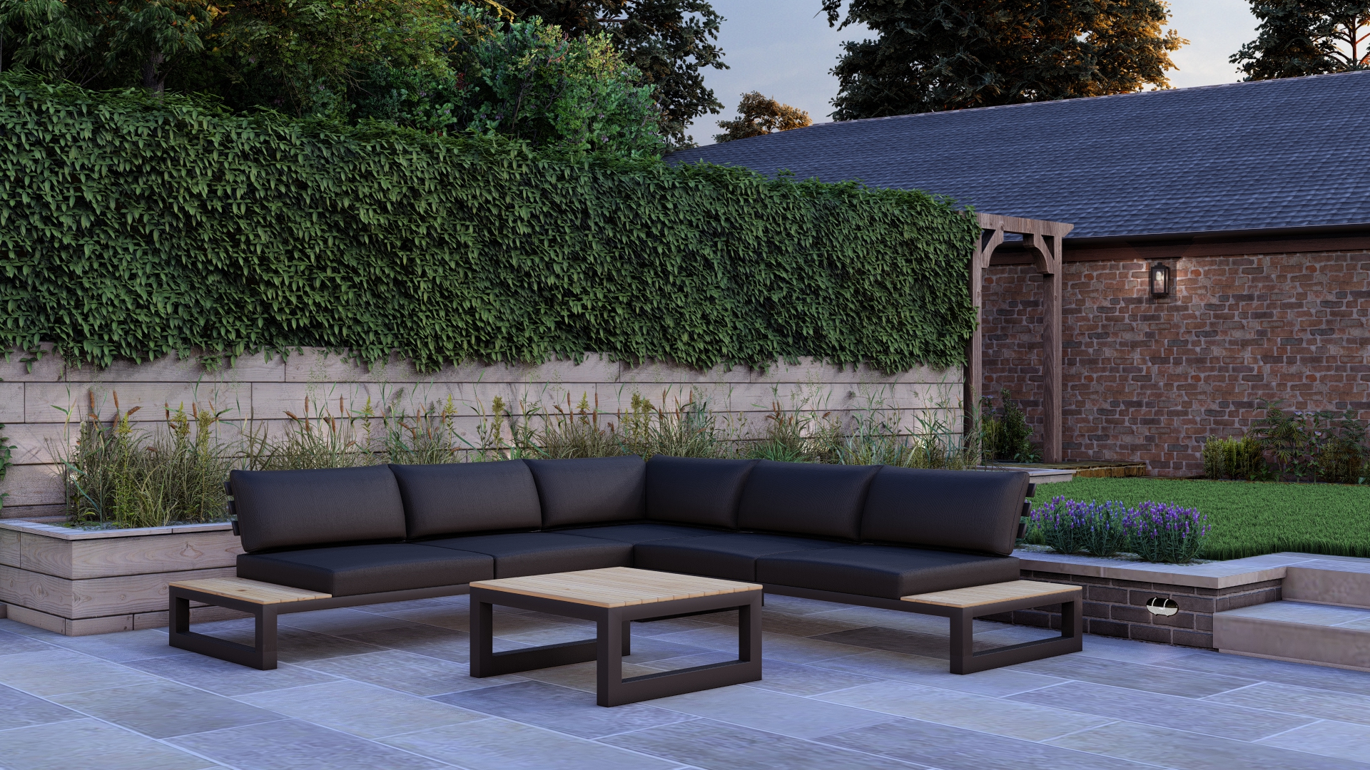 A finished Fresh Air garden - patio, lawn, stepping stones and barn