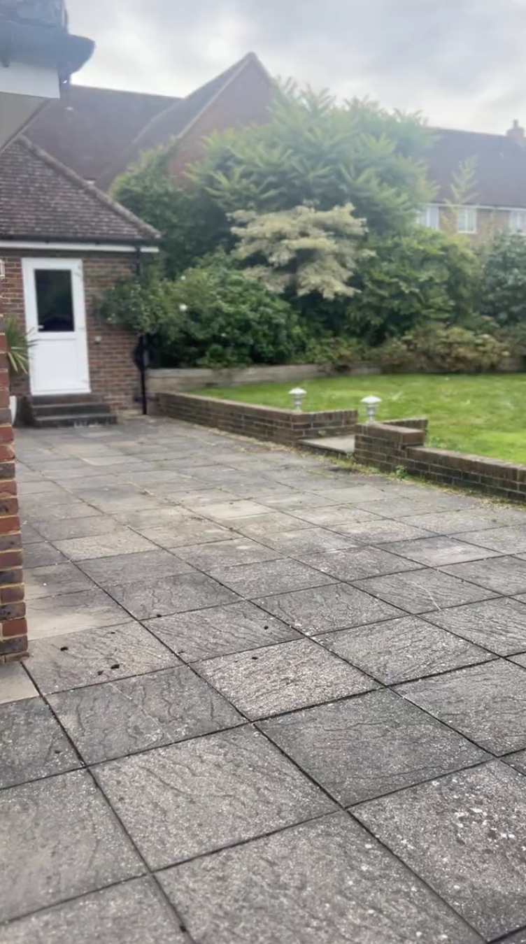 Original Dell garden - weathered concrete paving and brick steps