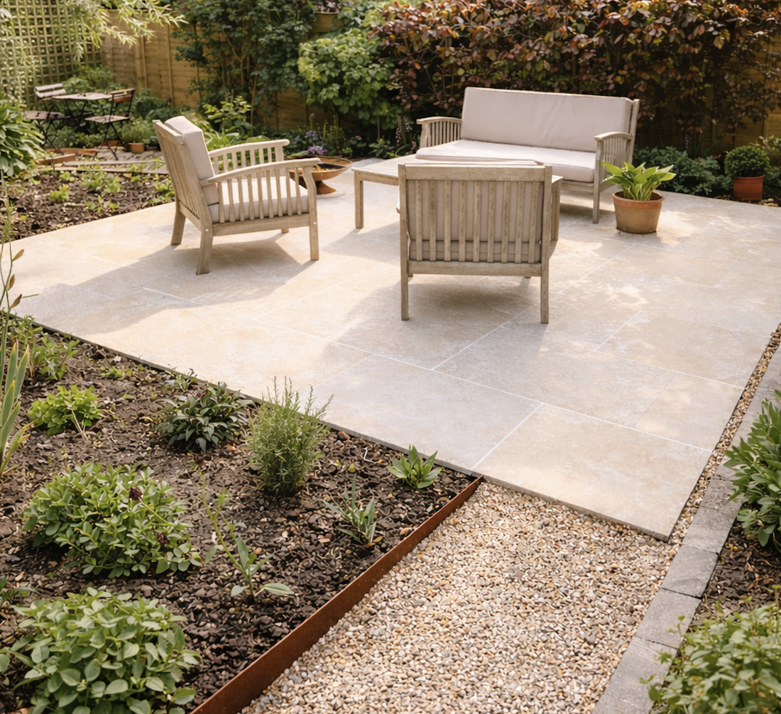 Country garden in Tonbridge, Kent landscaped with stone paving, timber structure and deep planting