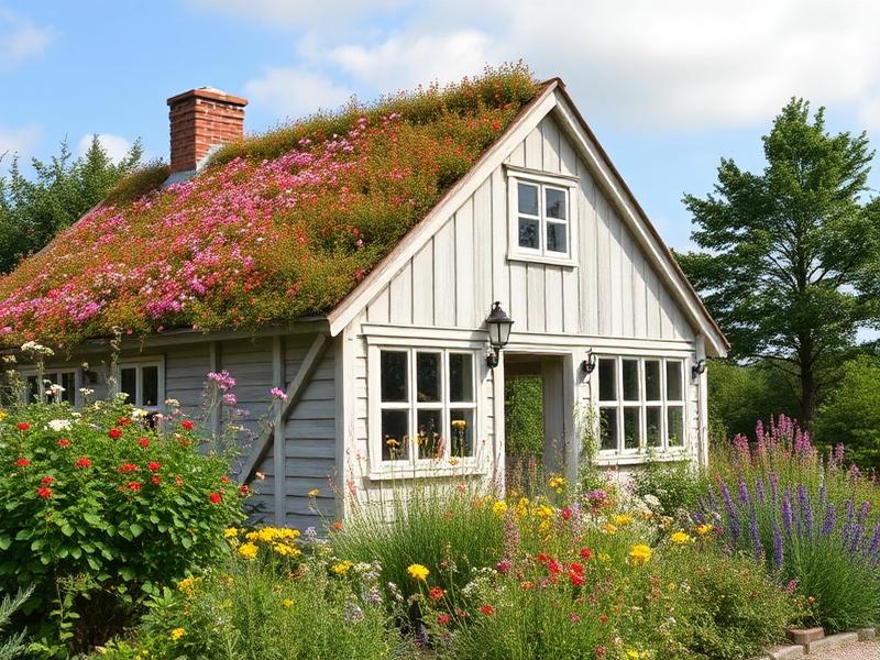 Green sedum roof softening the outline of a garden building