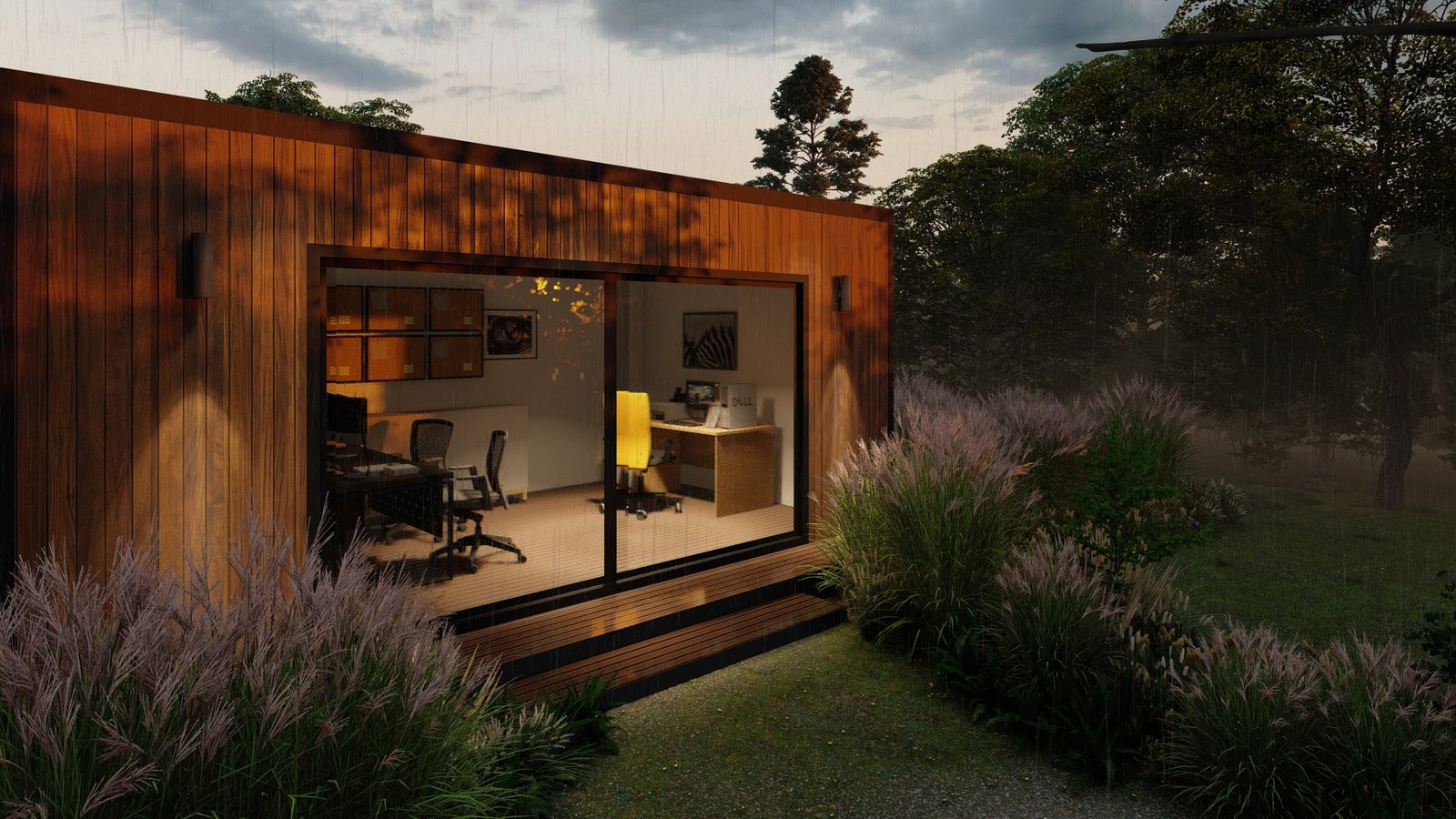 Wooden garden room at dawn